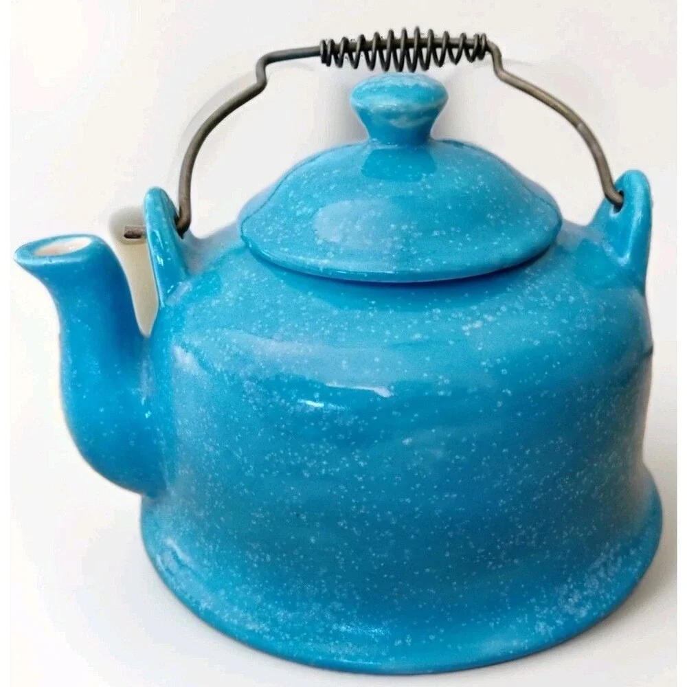 Mid-Century Style Speckled Turquoise Ceramic Teapot – Handcrafted Studio Pottery